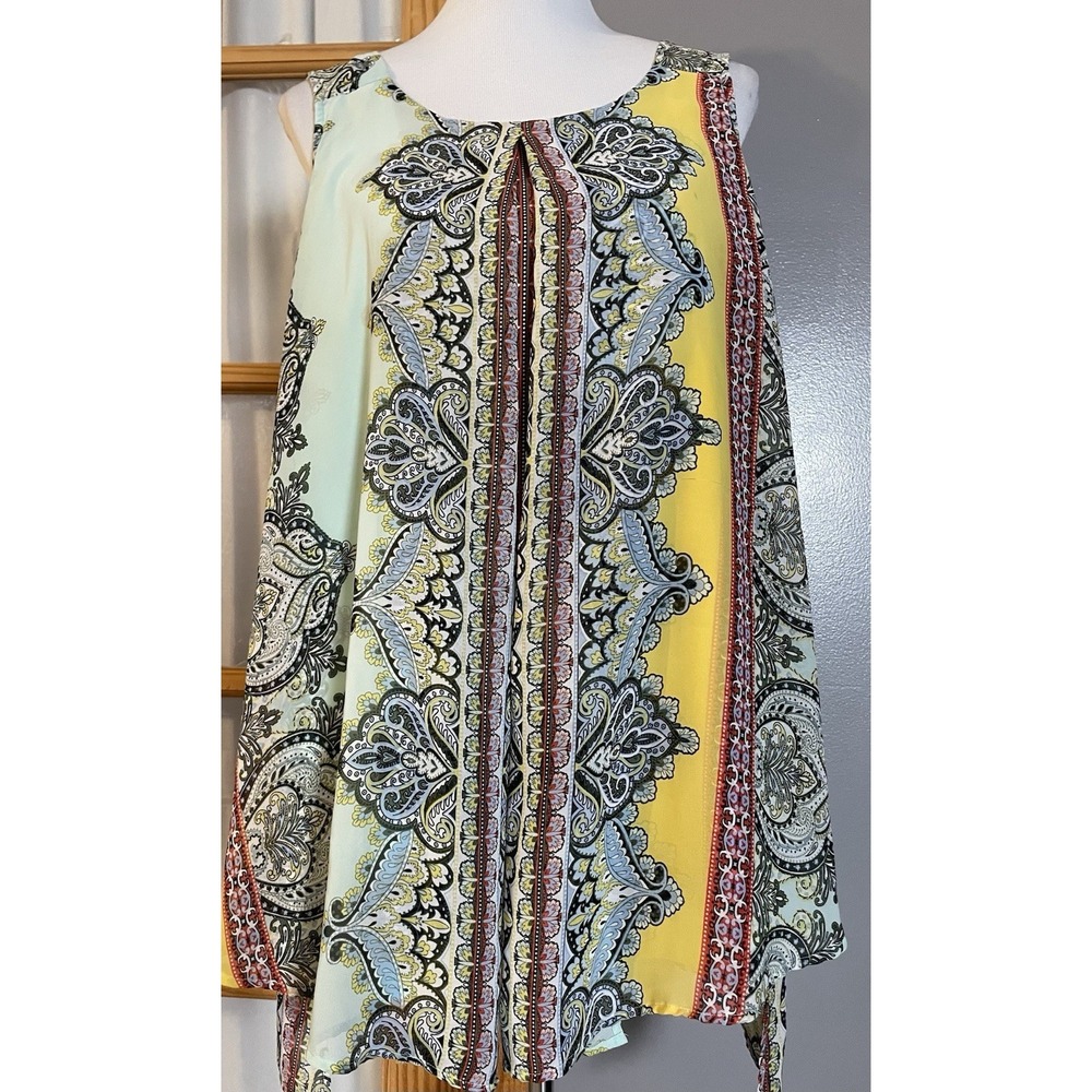 Roz & Ali Layered Split Blouse 2X Sage Blue Filigree Sleeveless Lagenlook Boho